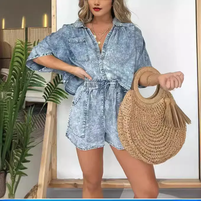 

Summer Leisure Cowboy Shorts Set Women Turn Down Collar Single-Breasted Tops+drawstring Denim Shorts Slim Fit Two Piece Set Lady