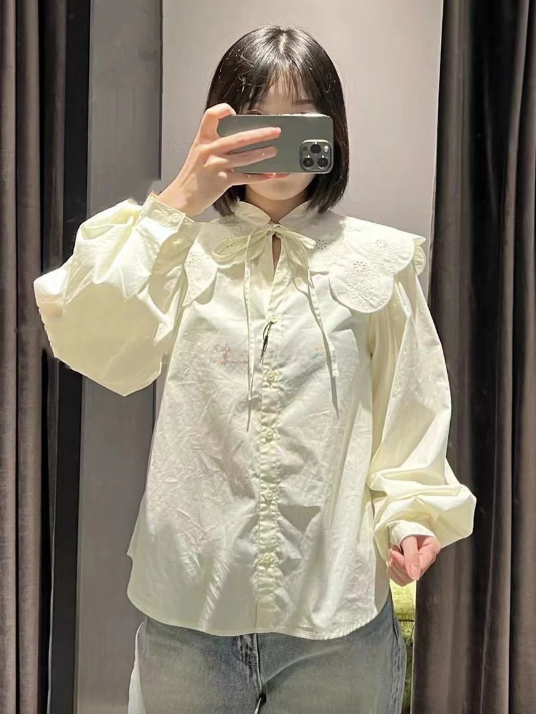 

Sweet Casual Shirt Pure Color Loose Fit Detachable Ribbon Doll Collar Anti-Aging Style Commute Style Long Sleeve Cotton Shirt
