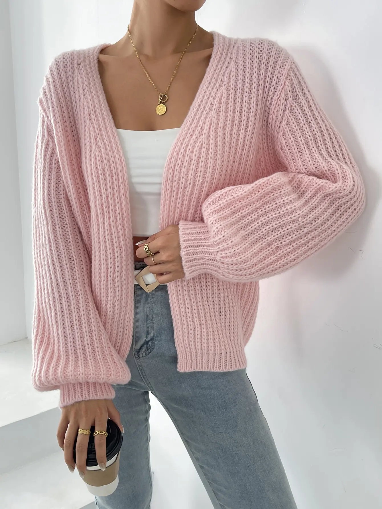 Autumn Winter New Fashion Women Loose Knitted Cardigan Hot Pink Lantern Sleeve Casual Outerwear Solid Color Sweater Coat