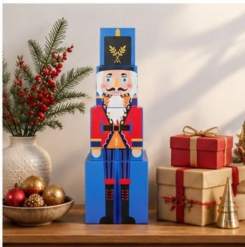 1Set Red and Gold Nutcracker Stacking Boxes Christmas Party Decoration Gift Packaging Organizer Stackable Holiday Display