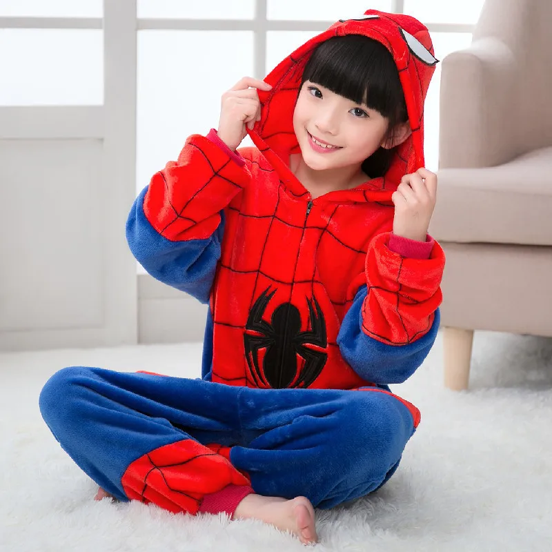 Spider-Man Kids Jumpsuit Pajamas Kawaii Cartoon Cosplay Flannel Home Clothing Boys Girls Christmas Gifts Winter Keep Warm