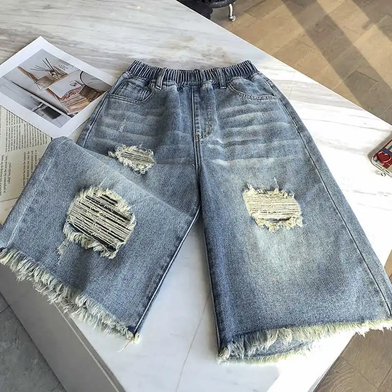 ハイウエスト プラス サイズ レディース リップド ショーツ 夏 ルーズ ソリッド カラー ワイドレッグ パンツ ストリート スタイル シンプル すべて一致 ジーンズ