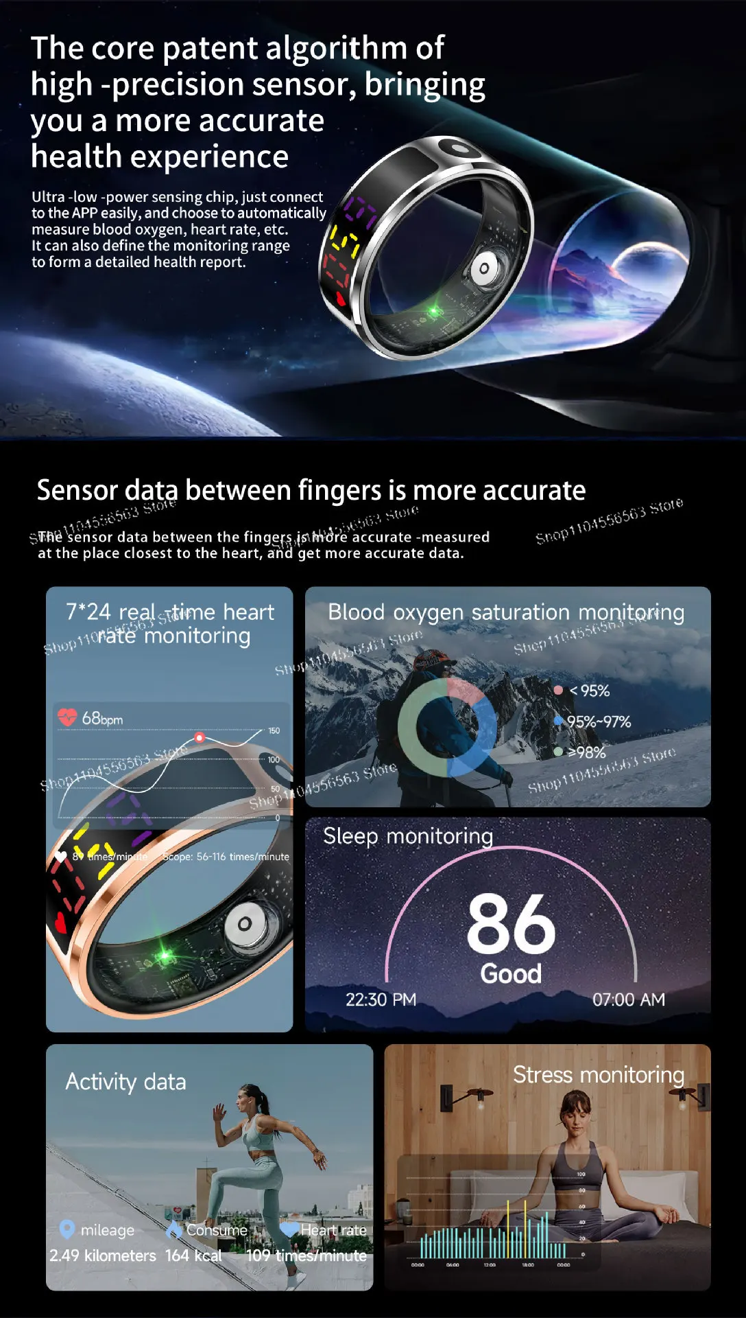 R12スマートリング（ディスプレイ付き）、心拍数、血中酸素、睡眠のモニタリング機能搭載、フィットネス・健康管理用、防水ヘルスリング