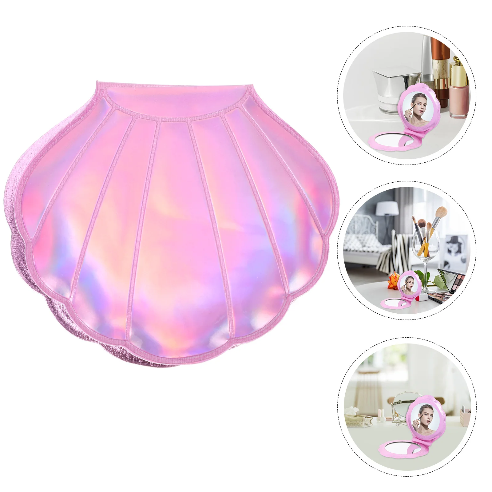

Stylish Shell Shape Makeup Mirror Hologram PU Case Double Sided Compact Mirror Easy Carry for Travel Rosy