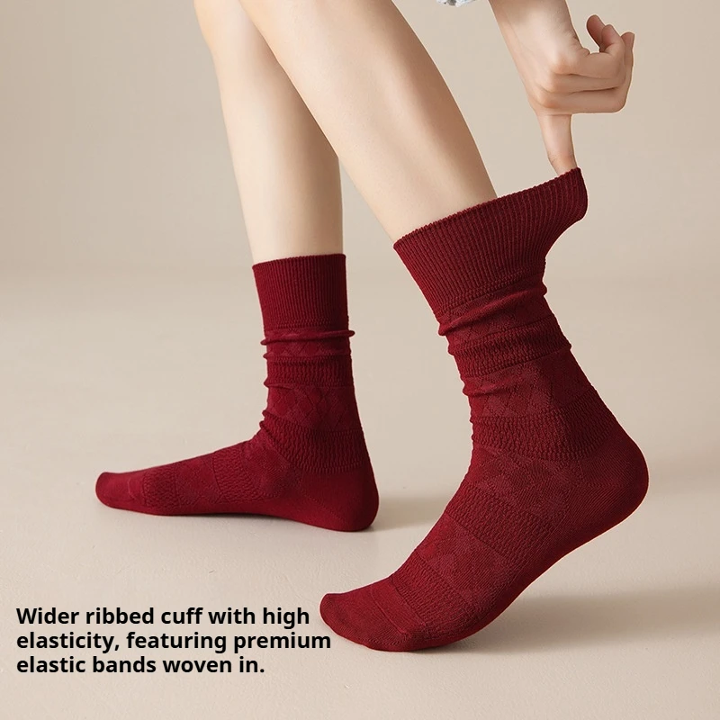 Women Autumn Winter Double Knit Slouch Socks, Coffee & Ancora Red Subtle Argyle Solid Mid-Calf Cotton Socks