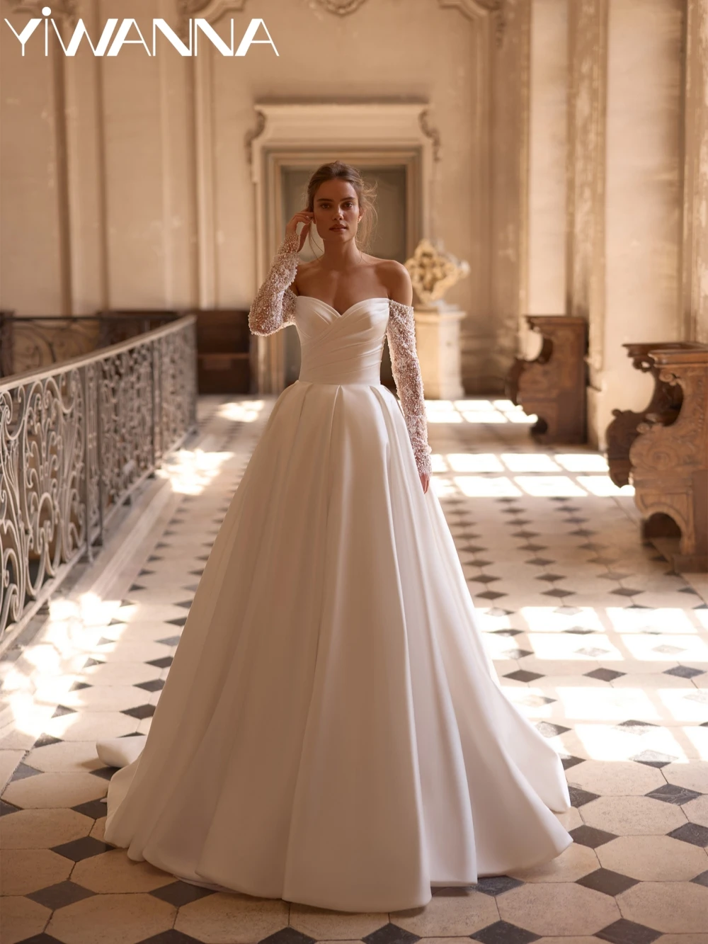 

Ivory Satin A-line Long Wedding Dress Sparkly Beads Pearls Bridal Gown Customized Romantic Sweetheart Neck Dresses For Bride