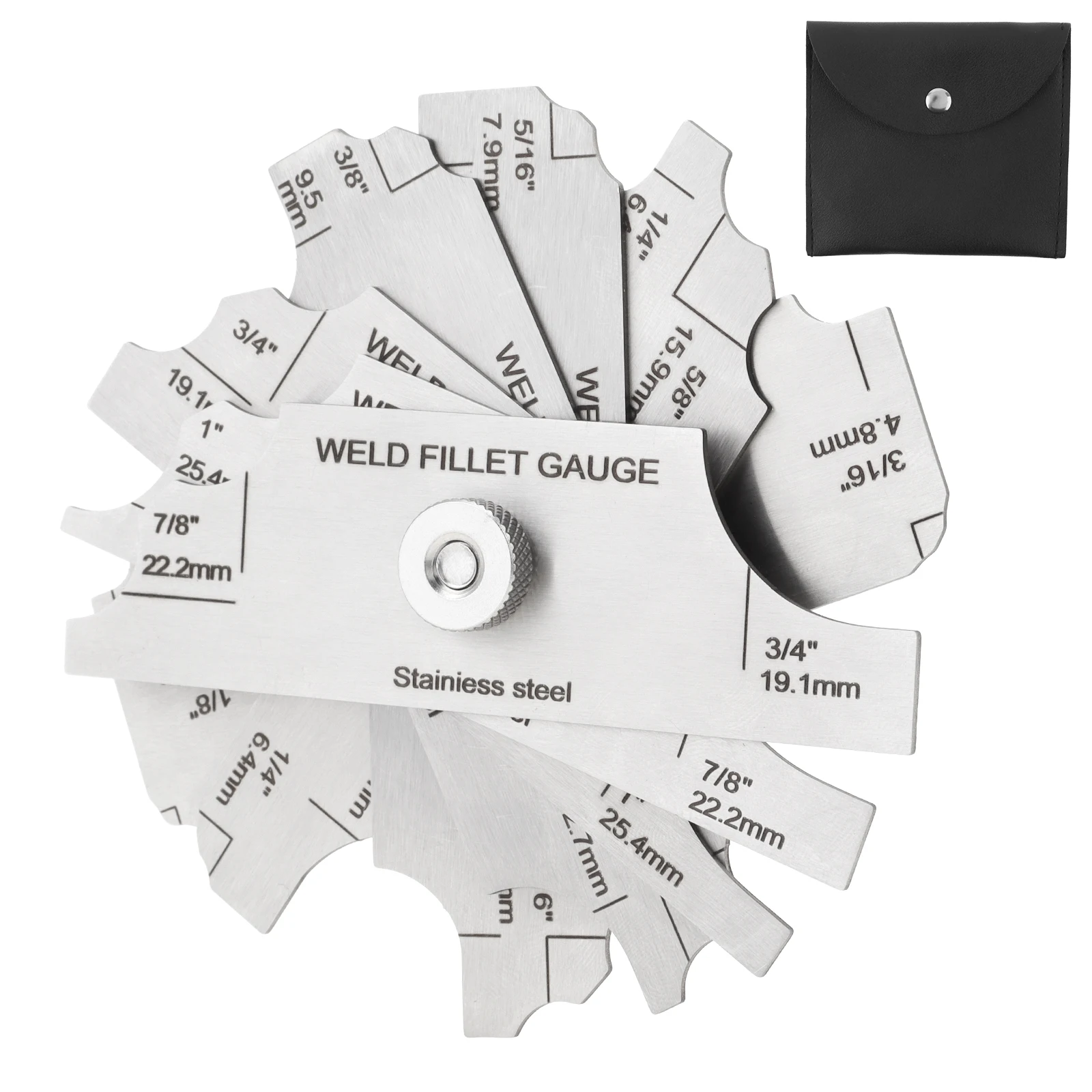 

Stainless Steel Fillet Weld Gauge inch mm MG-11 7 Piece Metric Imperial Scale E-tched Markings Welding Measure Inspection Tools
