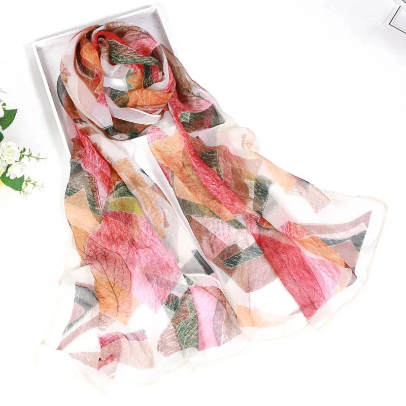 2024 Fashion Luxury Women Foulard Chiffon Georgette Bandana Silk Scarf Tree Leaf Thin Shawl Female Summer Wrap Hijab Neckerchief