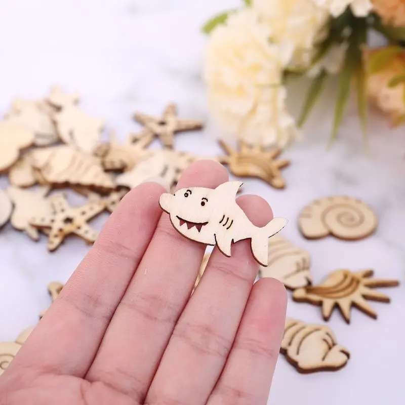 50Pcs/Bag Cut Embellishment Wooden Sea Shell Marine life Craft Wedding Decor