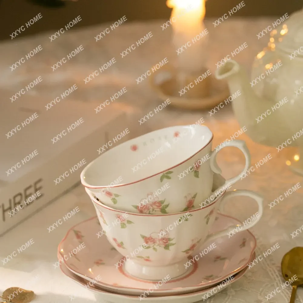 French Rose Rabbit Cup and Saucer Ceramic British Cup Household European Coffee Cup Tea Set