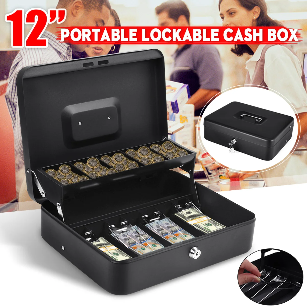 Portable Security Lockable Cash Box, Tiered Tray, Money Drawer, Safe Storage, Black