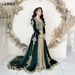 Delicate Green Moroccan Kaftan Arabic Evening Dress Modest Applique Gold Lace Long Sleeve Mermaid Velvet Prom Party Customized