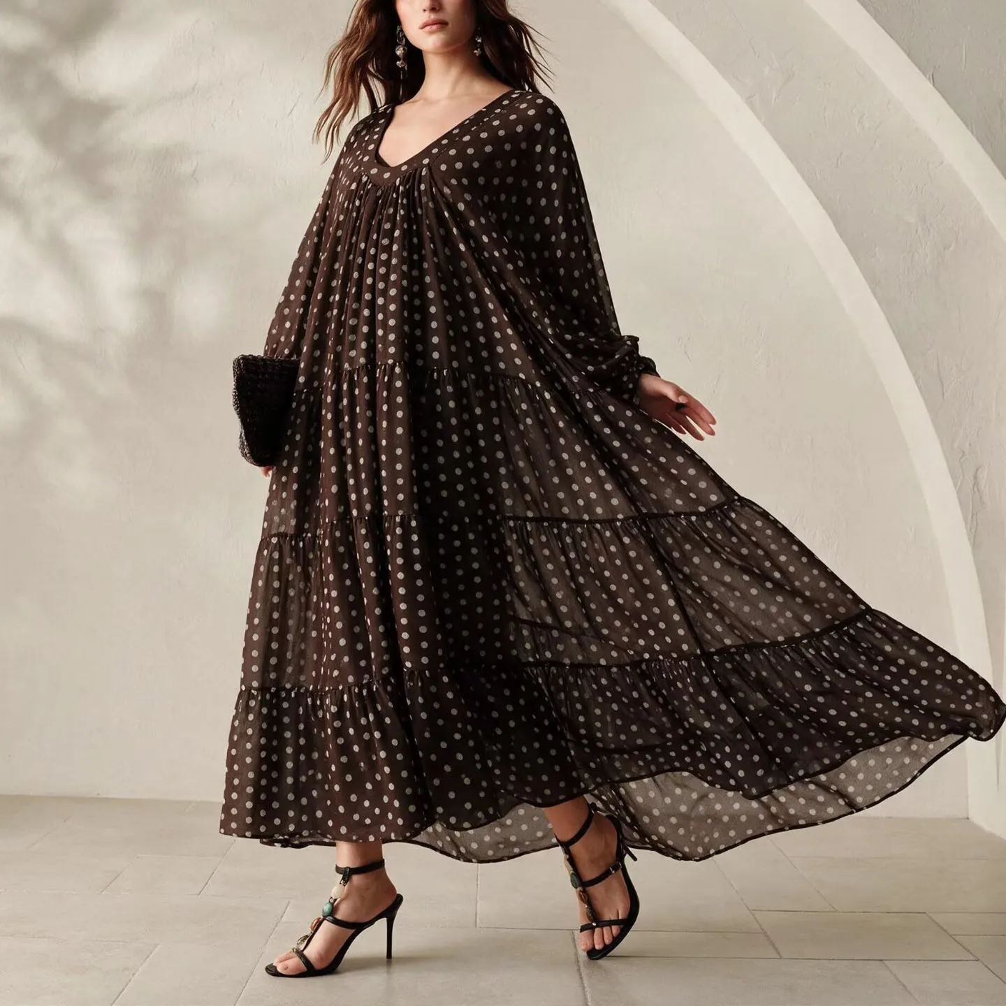 Women's Casual Loose Bubble Sleeve Dress Two-Piece Set Autumn 2026 Fashion Pleated Dress with Long Sleeves And Polka Dot Pattern