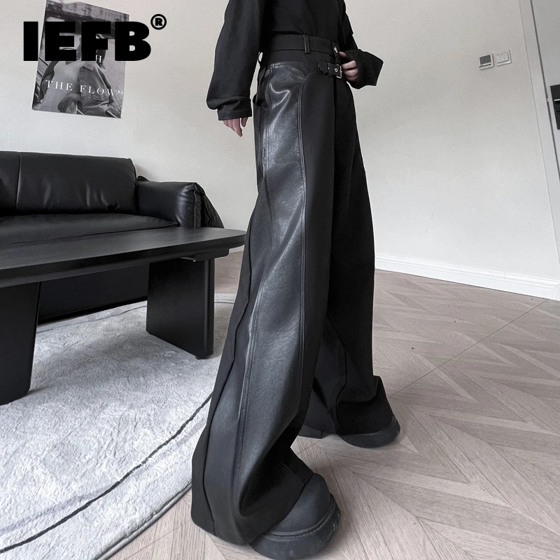 IEFB Men's Trousers Autumn New Dark Casual Pants Pu Leather Patchwork Streetwear Loose Korean Style Trend Male Overalls 9C1956