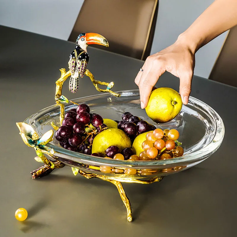 Luxury Home Living Room Coffee Dining Table Fruit Candy Plate Glass Decor Bowl With Enamel Crafts Toucan Stand On Branch Stand