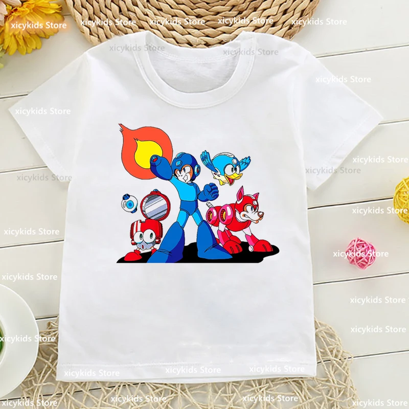 New Boys T-Shirt Funny ¡ Mega Man Listo Para Comenzar Cartoon Kids Clothes Summer Kids Clothes T Shirt White Short Sleeve Tops