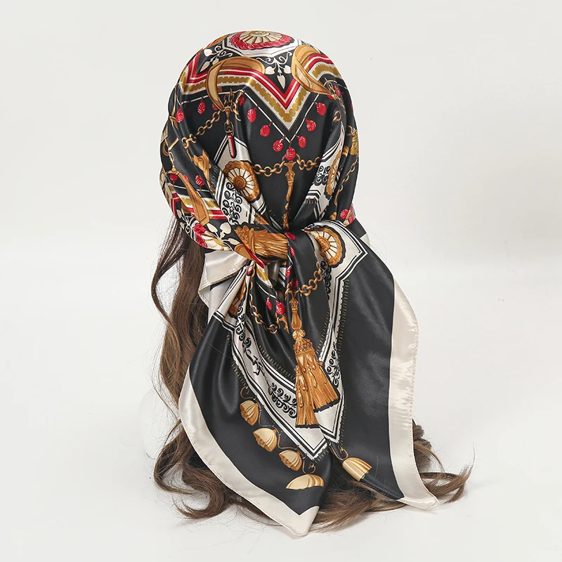 Satin Square Scarf Women Muslim Hijab Elegant 2026 Chains Print Neckerchief Shawl Wraps Headband Handle Hair Accessories Bandana