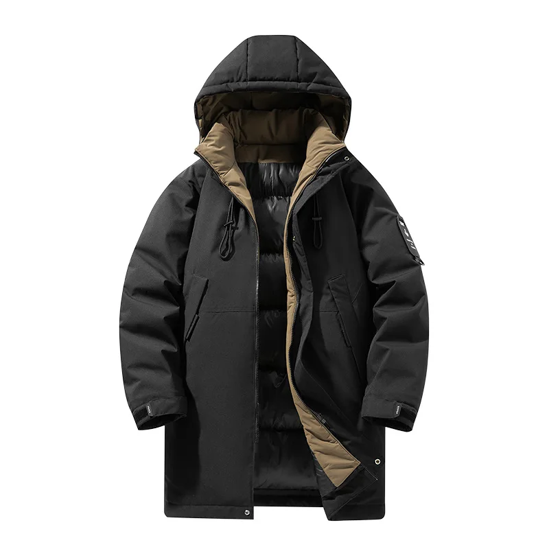 

Man Coat Winter Contrast Color Stand Collar Male Hooded Down Outerwear Mid Length Long Sleeve Thicken Cold-proof Men Jacket
