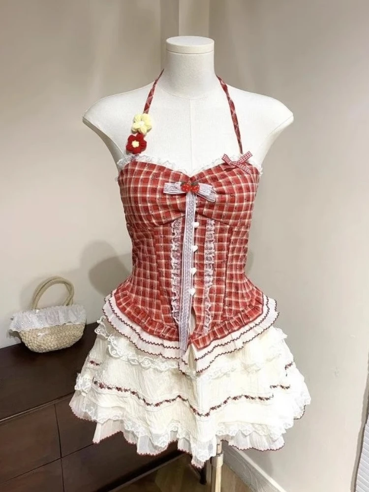 

Japanese Sweet Women's 2 Piece Set Elegant Plaid Halter Y2k Tops + Design Lace Skirts Harajuku Holiday Outfits Summer 2025 New
