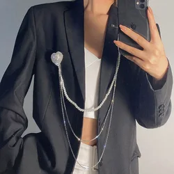 Long Chain Tassel Pearl Pendant Brooch for Women Inlaid Rhinestone Embellishments Brooched for Couples Party Jewelry Gift