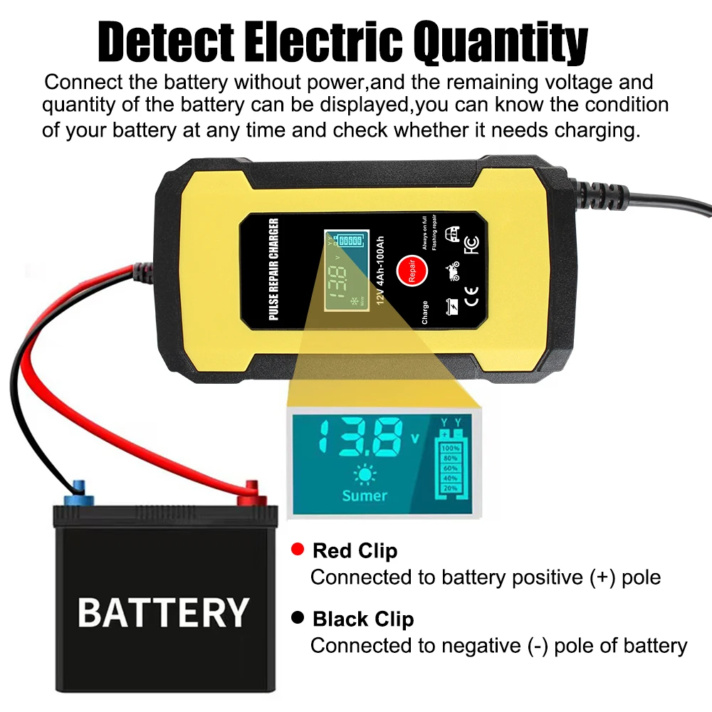 For Auto Motorcycle Car Battery Charger Smart Fast Charger Intelligent Pulse Repair LCD Display 12V 6A