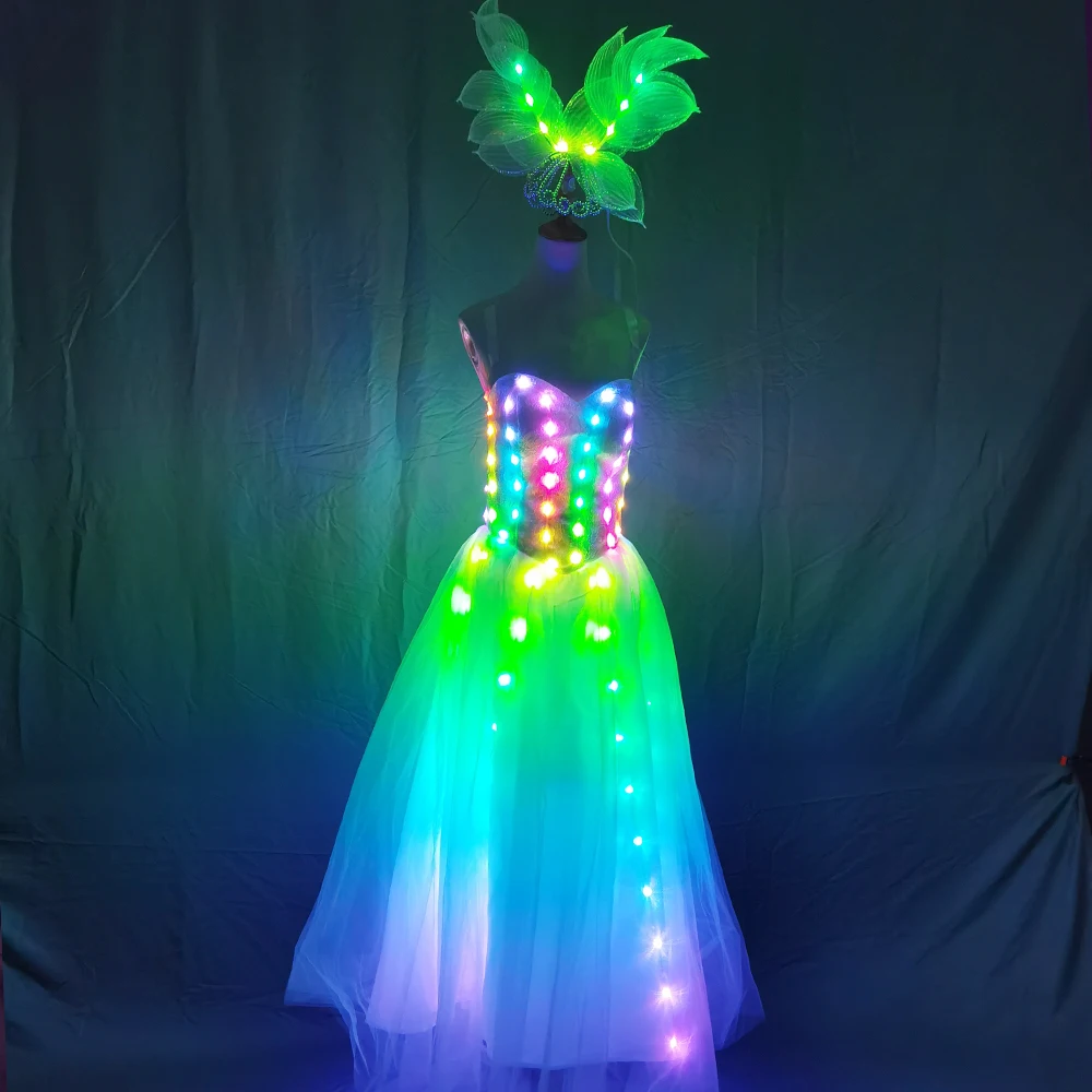 Full Color Pixel LED Skirt Dreamy luminous Wedding Dress Wings Bodysuit Women Singer Stage Costume Party Show Dancer Performance