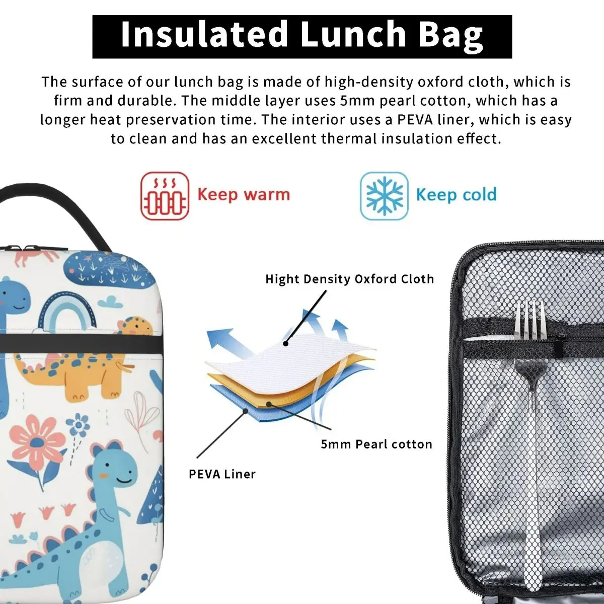Cartoon Light Color Dinosaur Pattern Insulated Lunch Bag for Women Kids Portable Food Boxes Thermal Lunch Box Tote