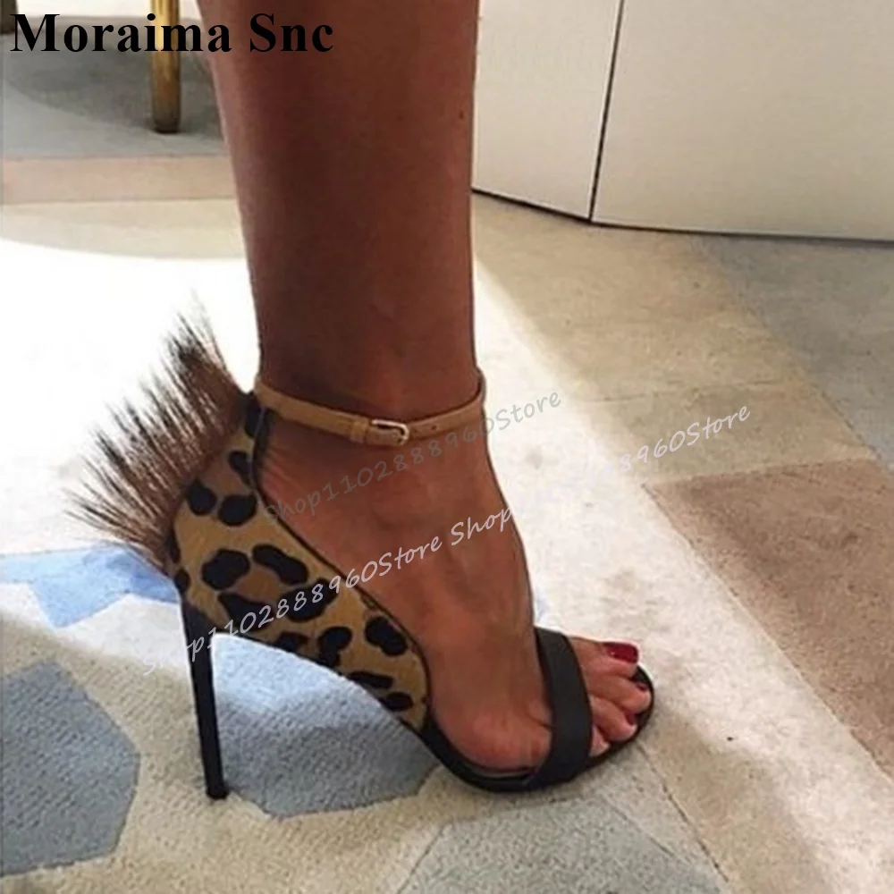 Stylish Leopard Print Fur Decor Sandals Thin High Heel Women Shoes Ankle Buckle Strap Open Toe 2025 Fashion Zapatos Para Mujere