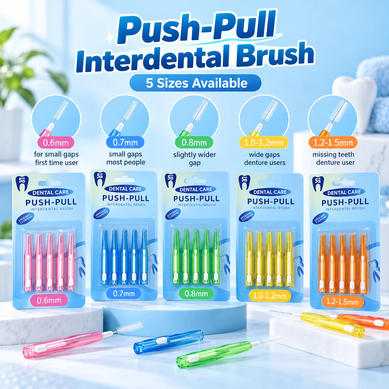 JNSUR Push-Pull Interdental Brush 5PCS/Card Portable Tooth Gap Cleaning Brush Soft Bristles Dental Care 3/6 Cards Mixed Colors