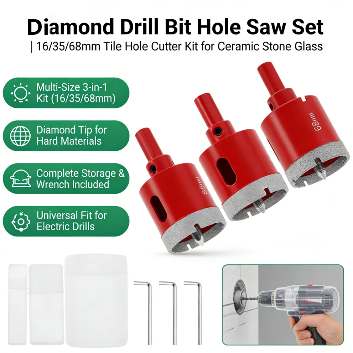 

3Pcs 16-68MM Diamond Coated Drill Bits Set Ceramic Tile Hole Saw with position drill for Glass Marble Granite Stone Porcelain