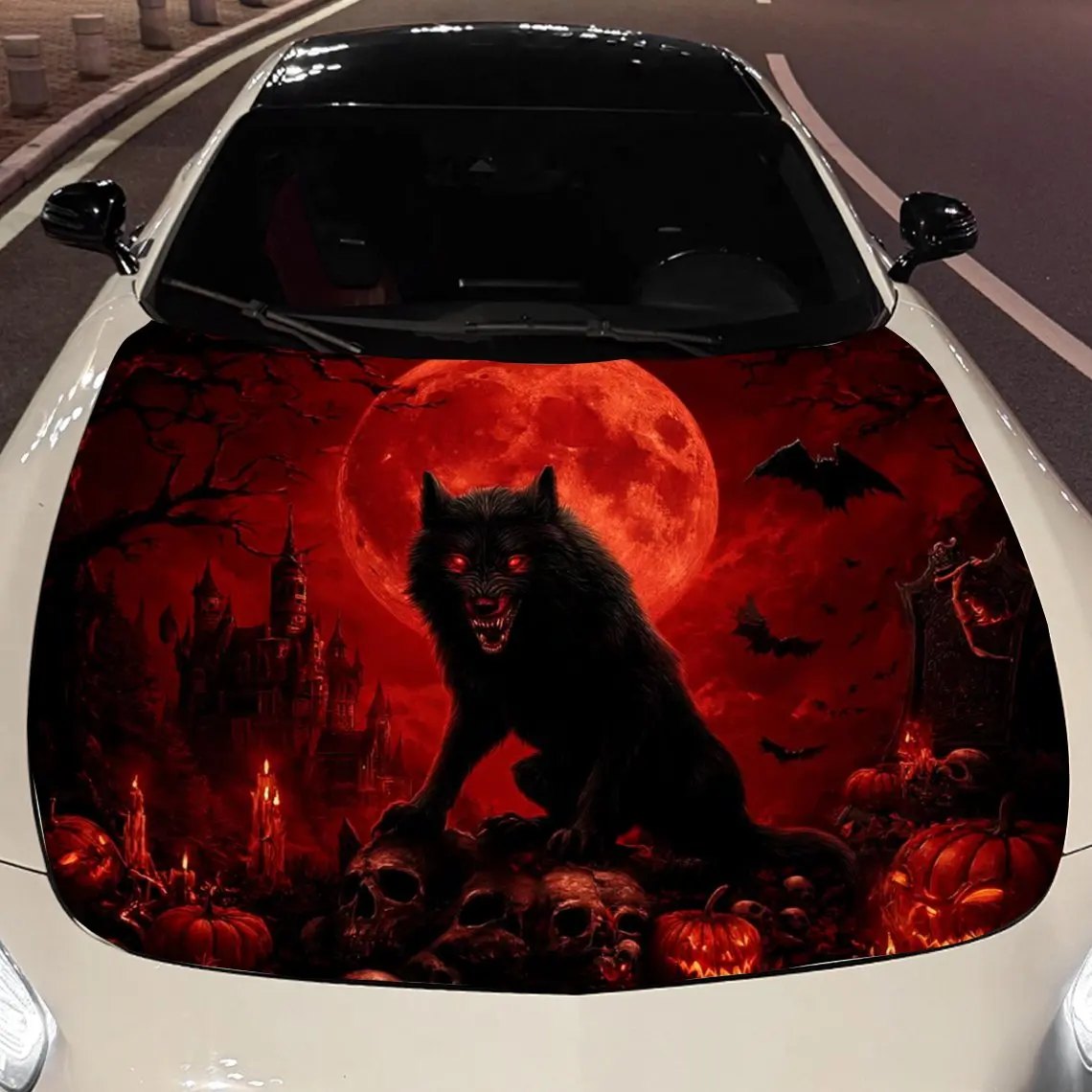 

Dark Halloween Fantasy Wolf Car Vinyl Wrap, PVC Material Waterproof Car Hood Sticker, Self-Adhesive Scratch-Resistant Stickers f