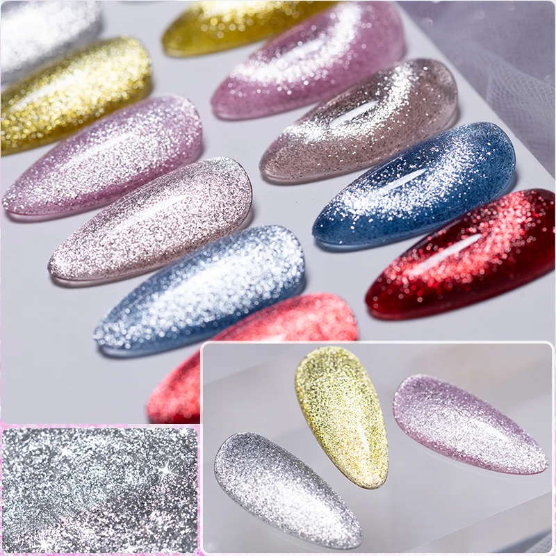 7.5ml 3 em 1 platina gato gel magnético unha polonês diamante reflexivo glitter olho de gato gel embeber fora verniz semi-permanente