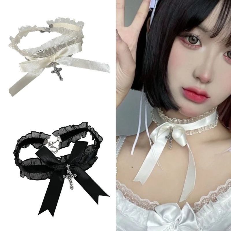 Ruffle Lace Choker Necklace with Crosses Pendant Charm Gothic Bowknot Collar