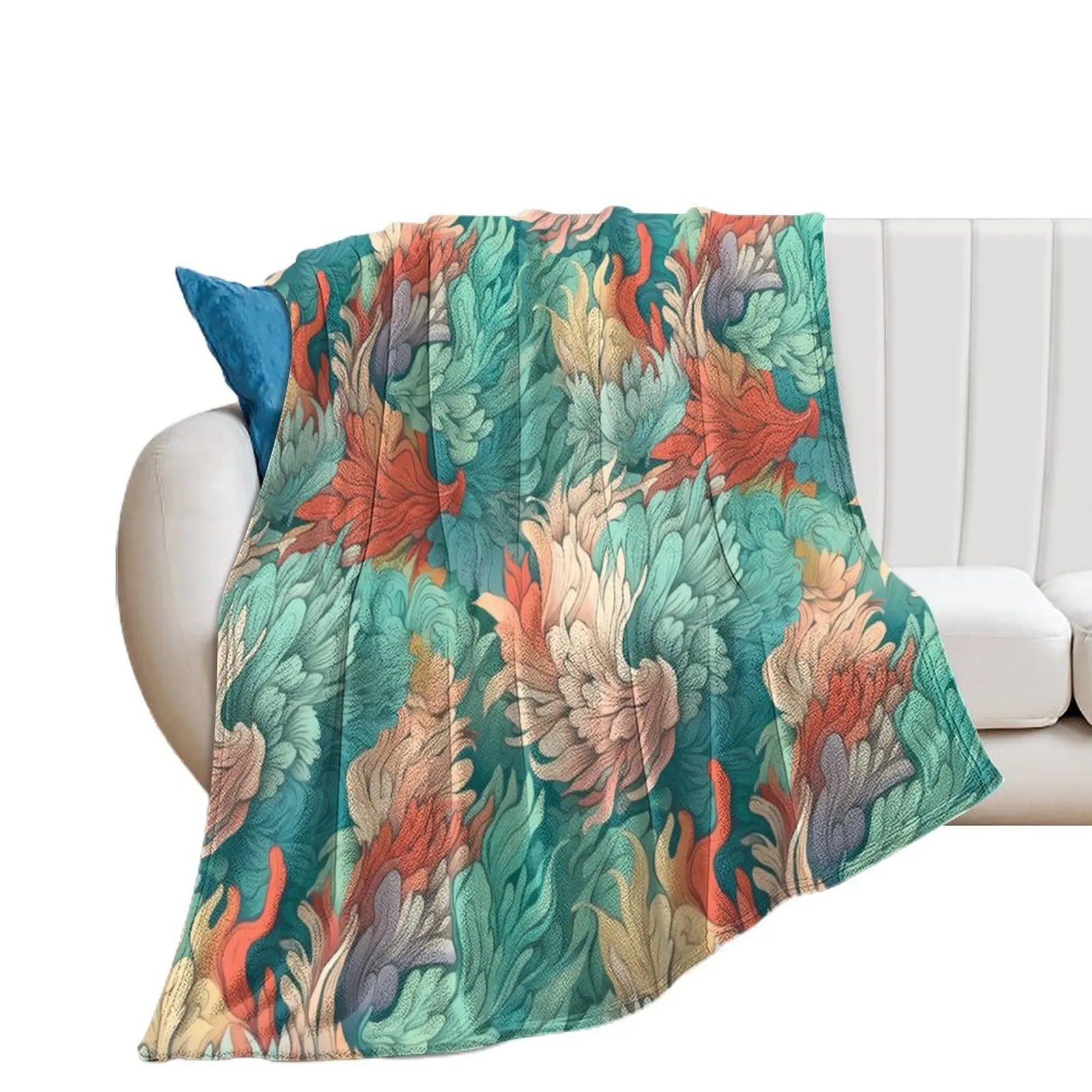 Ocean Was Life 5, colorful pastel waves like feathers, flowing, ruffled, overlapping, under the sea, teal, orange Throw Blanket