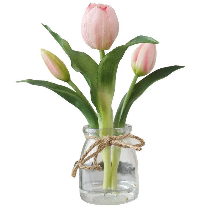 ZQQArtificial Flowers in Glass Vase with Faux Water, Pink Tulips Real Touch Flowers with Vase Centerpiece Table Decorations