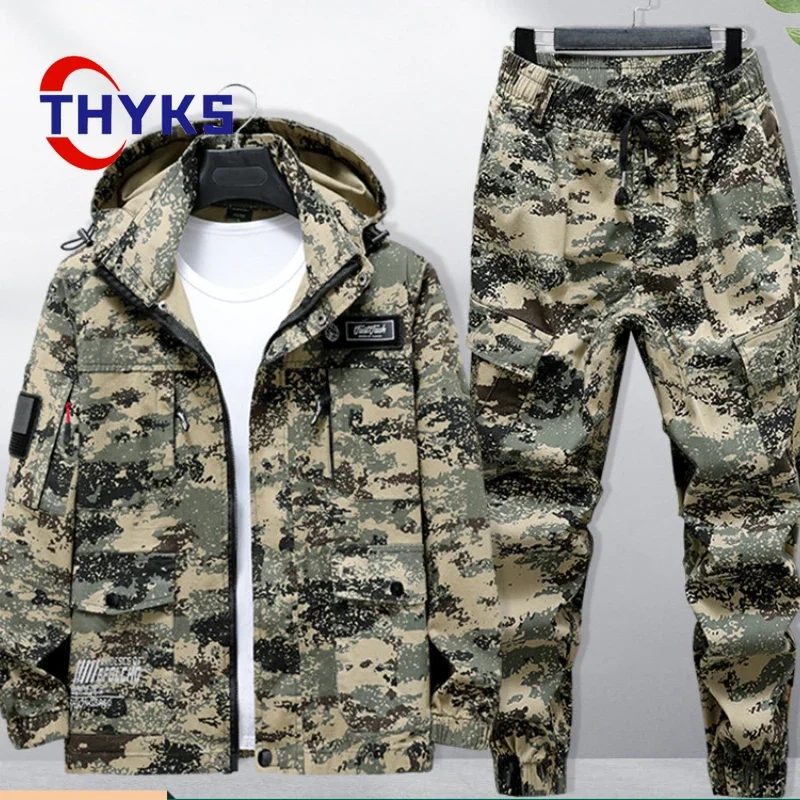 Men's Durable Training Hiking Set Thin Comfortable Leisure Multi Pocket Elastic Outdoor Mountaineering Camouflage Autumn Spring