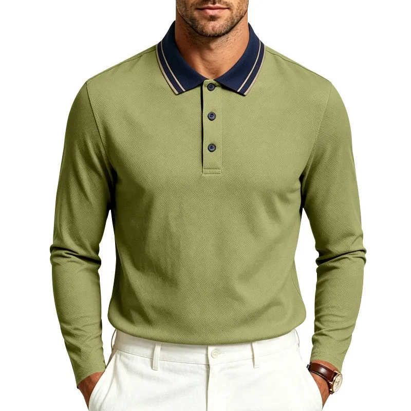 Casual Collar T-shirt Pique Knit Long Sleeve Solid Color with Contrast Collar and Three Button Placket in Olive