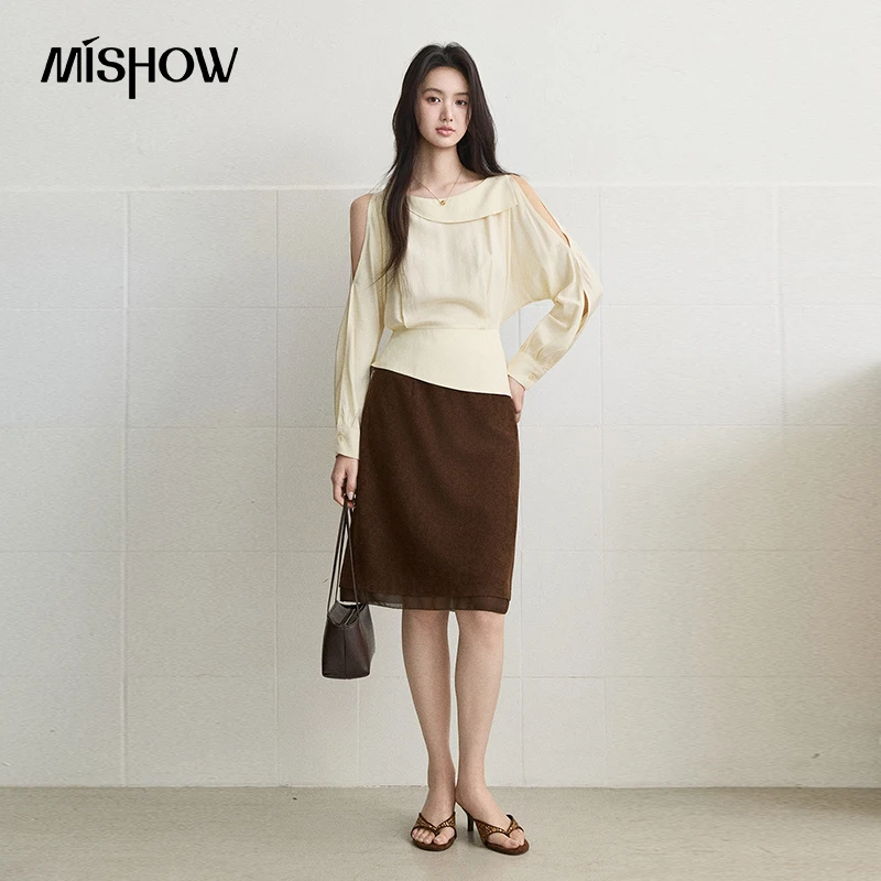 MISHOW Women's Off‑Shoulder Long‑Sleeve Blouse 2026 Autumn Asymmetric Lapel Collar Blouse Wais Peplum Hem Elegant Top MXF45X2794