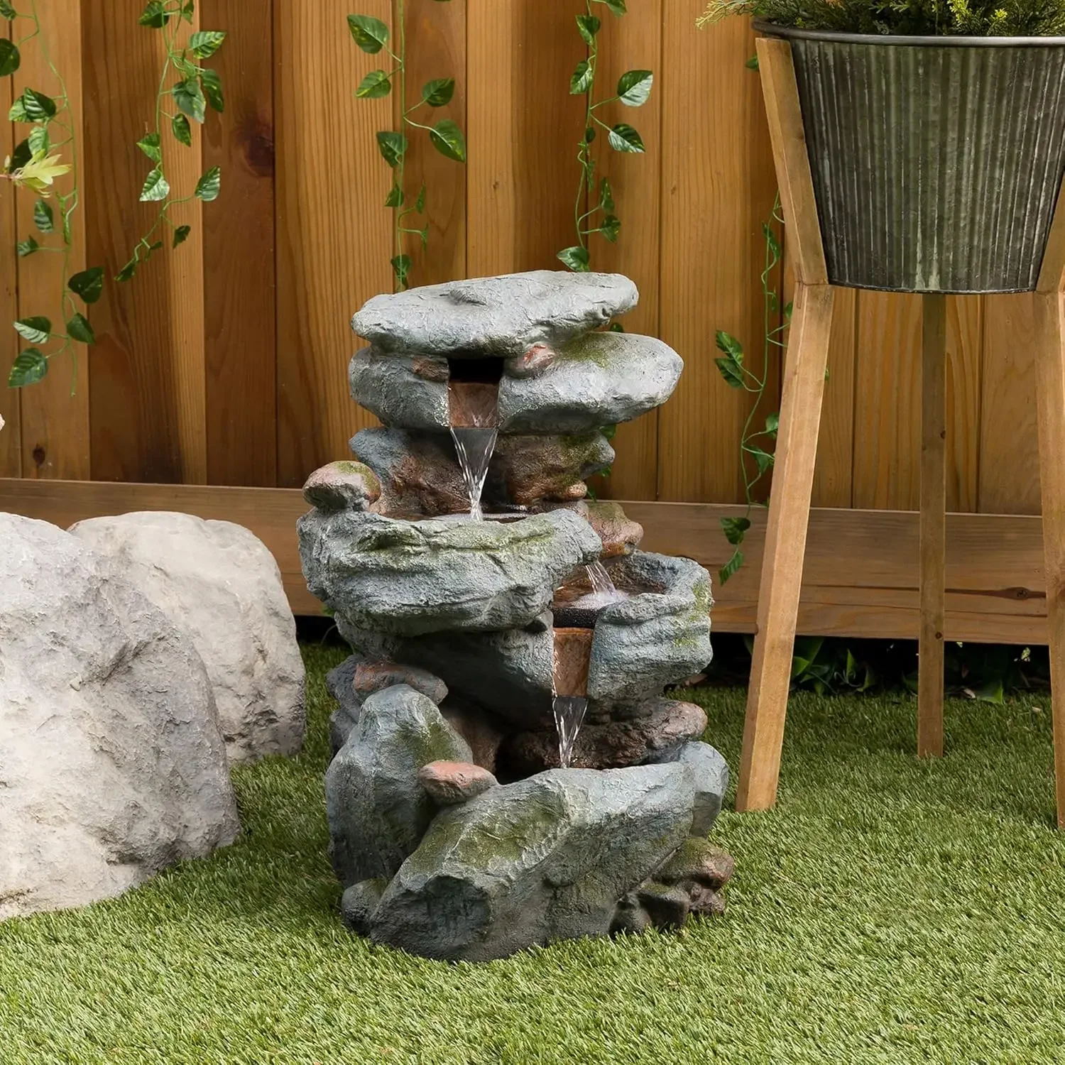 Outdoor Floor 3-Tiered Rock Waterfall Fountain with LED Lights and Natural Stone Look, 22