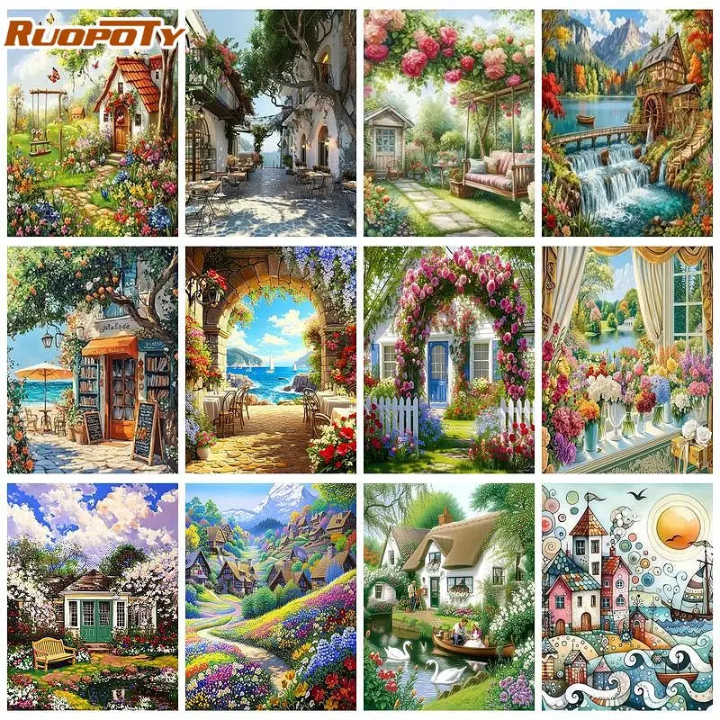 RUOPOTY Cottage Malen nach Zahlen, Bild auf Zahlen, Landschaft, Acrylmalerei auf Leinwand, rahmenlos, DIY-Geschenk