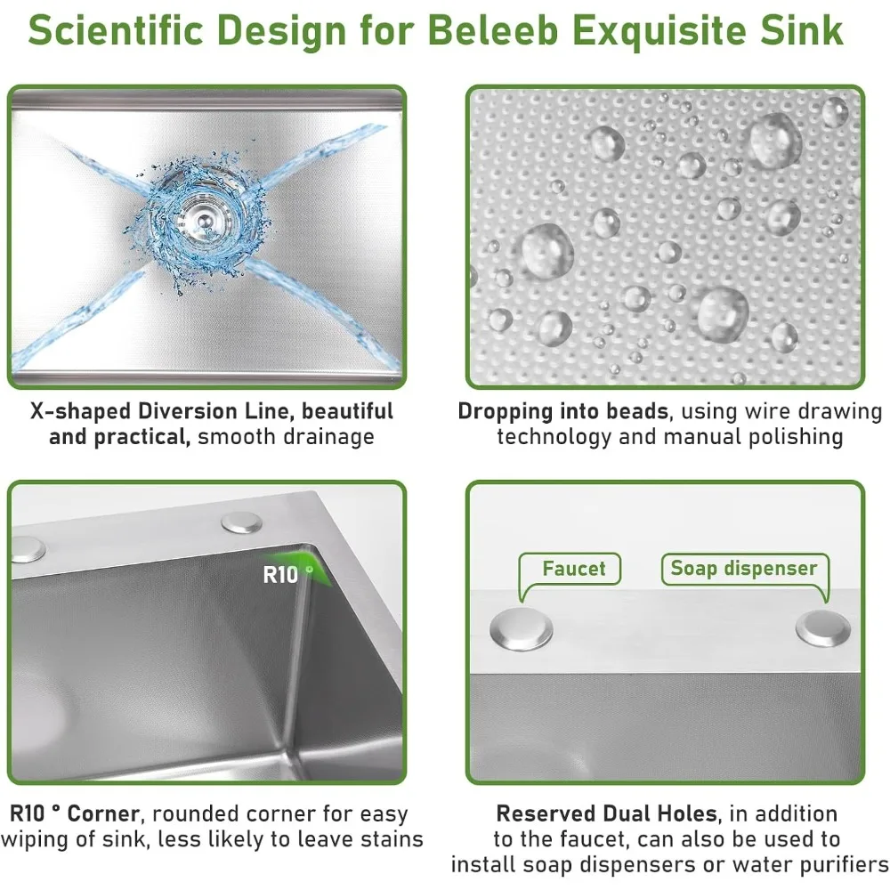 جودة عالية - قطرة في حوض المطبخ 28 × 18 بوصة، 9 بوصة عمق الحوض، 18 مقياس حوض من الفولاذ المقاوم للصدأ، حامل علوي بلمسة نهائية منقوشة ثلاثية الأبعاد #4