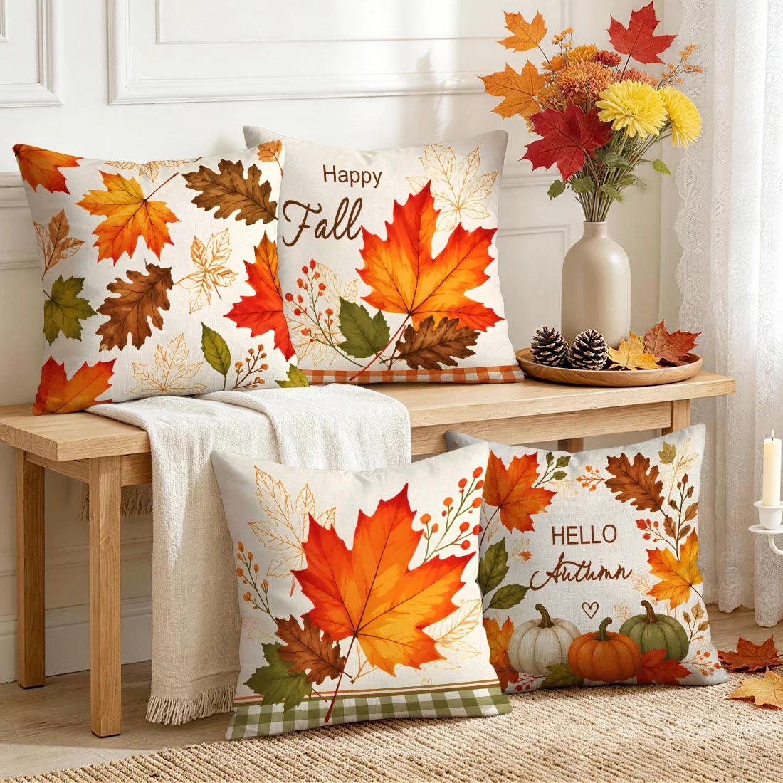 1pcs/4pcs Plaid Maple Leaf Autumn Text Cushions Pillowcase Polyester Cushion Cover Throw Pillow Pillowcover Home Car Sofa Decor