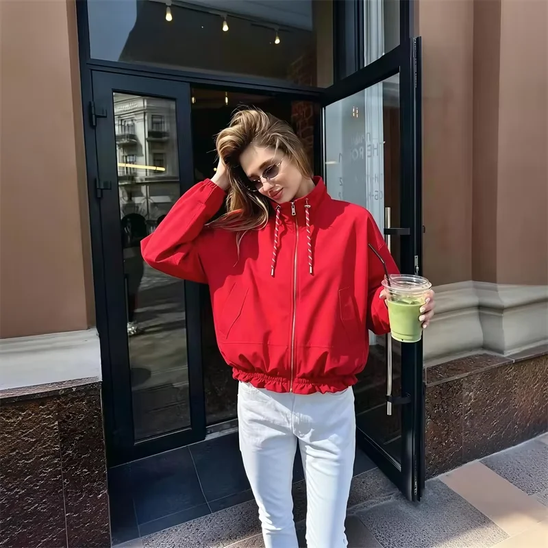Guobioziy 2026 Autumn Women's Short Thick Jacket Stand Collar with Drawstring Hem Zipper Long Sleeve Loose Casual Pocket Coat