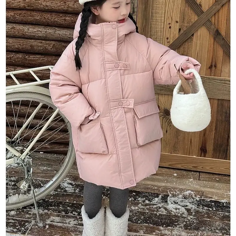 ZOETOPKID Long Style Teen Girls Jacket Winter New Solid Color Thick Warm Hooded Zipper Windbreaker Girls Cotton Down Coat