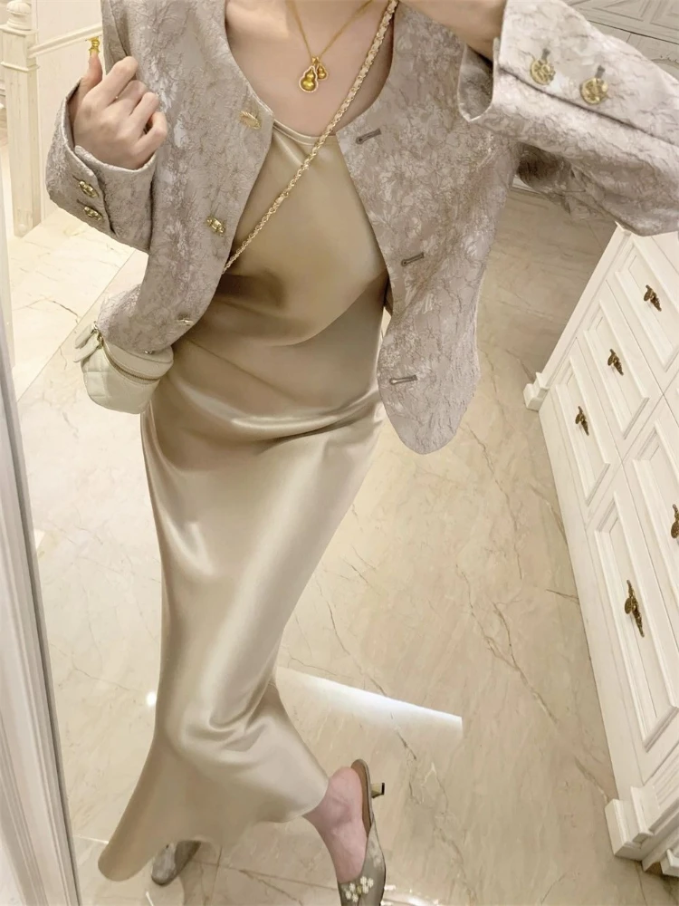 Jesienny Francuski Vintage Elegancki Zestaw Dwuczęściowy Damski Estetyka Lat 2000 Wyszczuplający Krój Długa Sukienka Zestaw Retro Chic Ubrania Biurowe dla Kobiet