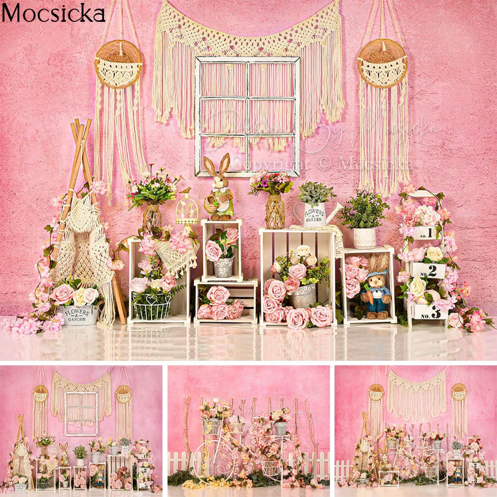 

Spring Easter Flowers Photography Backdrops Dream Garden Pink Abstract Wall Rabbit Decorative Kids Cake Smash Photo Background