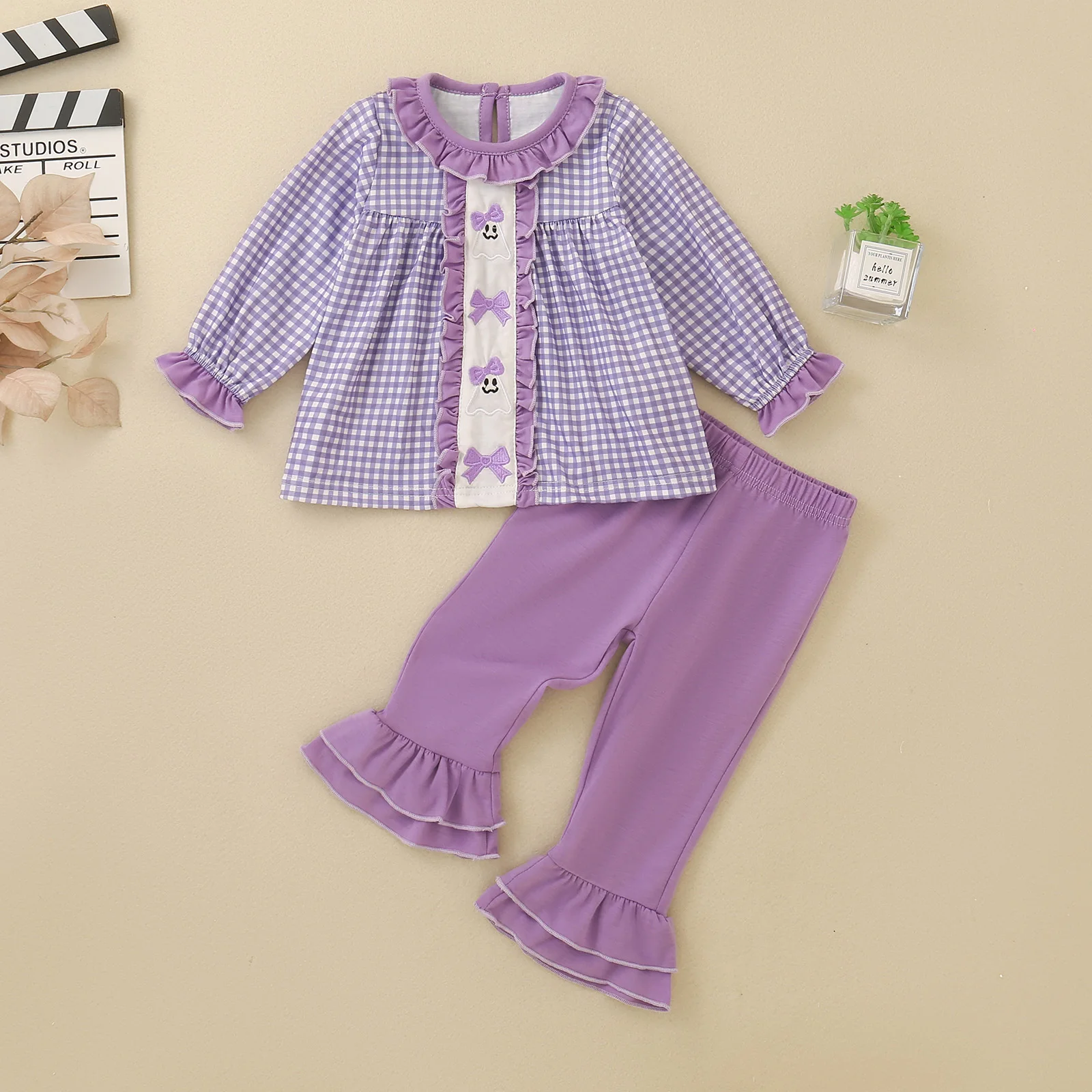 Toddler Girl Purple Gingham Outfit Bow Embroidery Ruffle Long Sleeve Top Flare Pants 2Pcs Baby Girl Casual Clothes Set