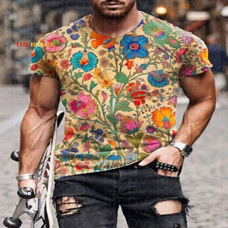 Flower Pattern Printed T-Shirt Men's For Women's Cotton Black T Shirts Summer Tops