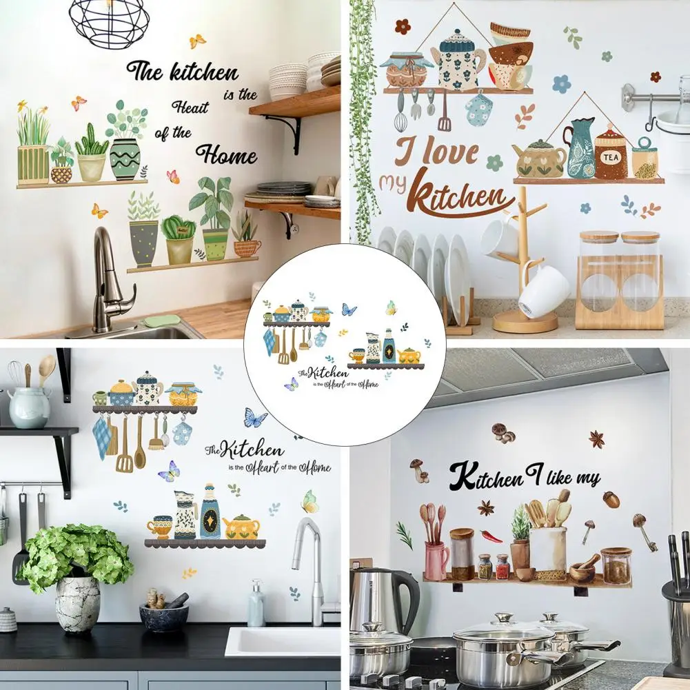 

Pvc Kitchen Stickers Kitchen Wall Decals Modern Kitchen Wall Sticker Set with Utensils Tableware Potted Plants for Home