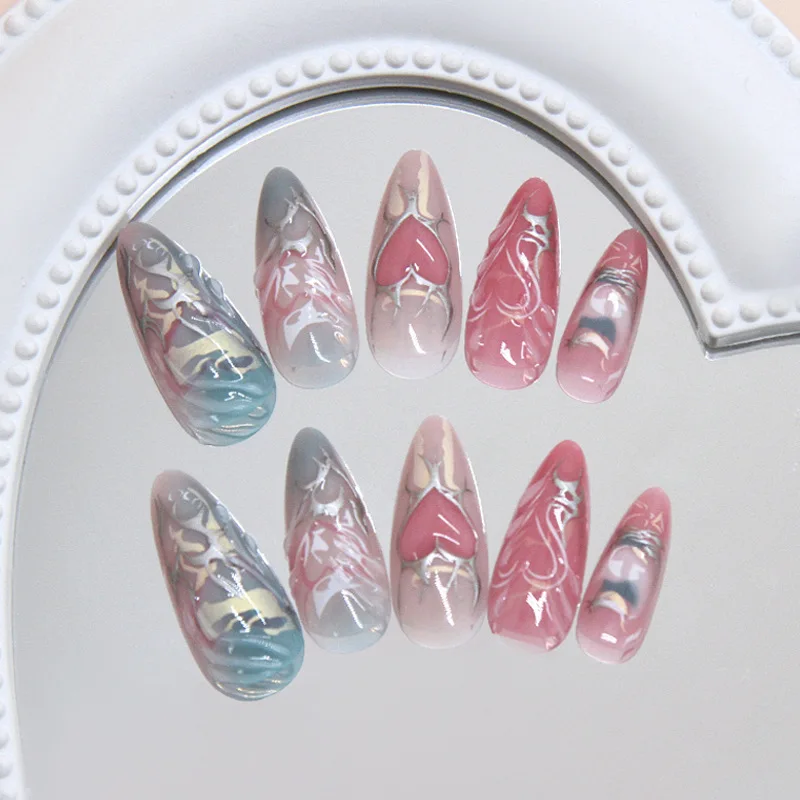 24 piezas uñas postizas metálicas dulces y atrevidas, corazón degradado con baño de plata 3D, almendra de cobertura completa para mujer y niña 4